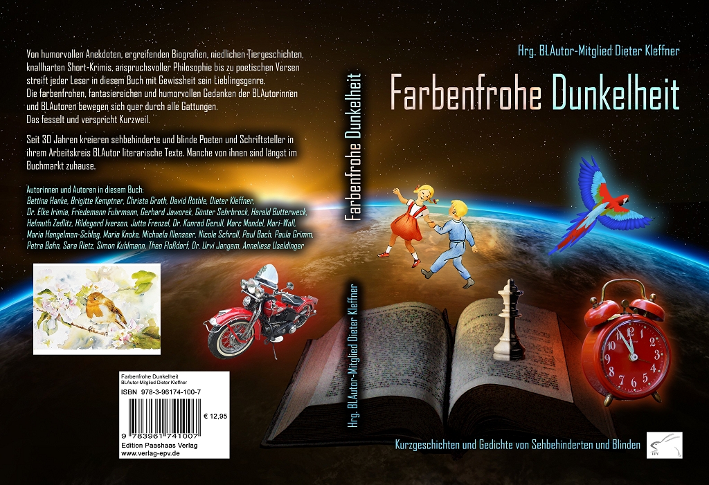 Das Cover des Buches zeigt ein aufgeschlagenes Buch vor dunklem Hintergurd, hellblaue wltkugel, weiße Sterne.